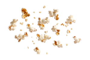 Scattered popped popcorn on a transparent background. perfect for cinema, snack, or food-related content, showcasing light, fluffy kernels. png
