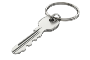 High-resolution image of a metal key on a keyring, ideal for use in security-related projects, real estate visuals, or as an icon. png