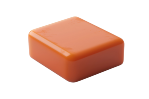 High-quality image of a square orange glossy caramel candy with a smooth surface isolated on a transparent background. png