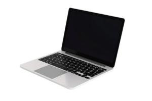 Sleek silver laptop with black keyboard and blank screen open at an angle, isolated on white, suitable for technology and office concepts. png