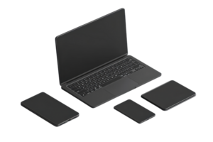 Minimalistic black electronic devices set including a laptop, tablet, and smartphone against a plain background for tech concepts. png