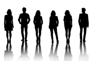 Silhouetted people standing in a line with reflections on the ground, creating a mysterious and intriguing atmosphere. png