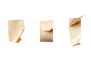 Three torn pieces of beige adhesive tape isolated on a transparent background. showing rough edges and texture. png