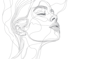 Elegant minimalist line art of a woman's face, featuring flowing lines and abstract details on a transparent background. png