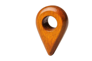 Close-up of a wooden location marker shaped like a pointer pin, isolated on a transparent background. Perfect for travel, navigation, and design themes. png