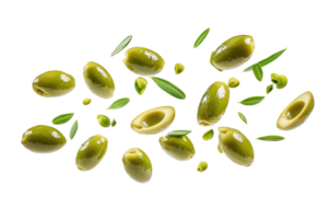 Fresh green olives with rosemary sprigs scattered on a transparent background. showcasing a Mediterranean culinary ingredient in a vibrant composition. png