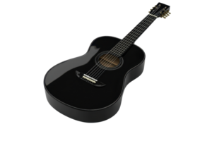 Close-up of a sleek, black acoustic guitar on a transparent background. highlighting its intricate curves and string details in high resolution. png