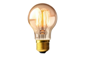 Close-up image of a vintage-style light bulb with exposed filaments, creating a warm and nostalgic glow, isolated on a transparent background. png