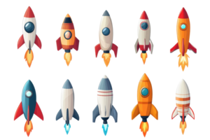 Set of colorful rocket illustrations in various designs and colors, with flames and no background, perfect for creative projects. png