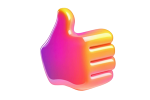 Glossy 3D thumbs up icon in vibrant gradient colors, representing approval, agreement, or positivity in modern digital style on a transparent background. png