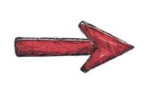 Hand-drawn red arrow pointing to the right on a transparent background. Ideal for direction, navigation, or highlighting key information. png
