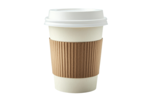 Disposable coffee cup with a white lid and brown sleeve, perfect for hot beverages on the go. Isolated on a transparent background. png
