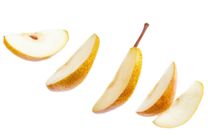 Close-up of fresh, sliced pear pieces arranged in a row on a transparent background. showcasing the juicy, ripe, and organic fruit. png