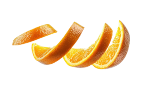Peel and slices of an orange floating on a transparent background. showcasing freshness and vibrant color in detailed close-up. png
