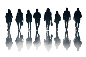 Silhouette of a group of people walking with long shadows, creating dramatic and mysterious effects against a transparent background. png