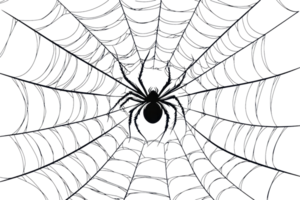 Close-up of a symmetrical spider web with a spider at the center against a dark background, showcasing intricate details and delicate craftsmanship. png