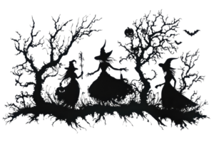 Silhouette of three witches in a dark, mysterious forest with bare trees and a bat flying above. Perfect for Halloween-themed projects. png