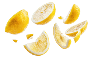 Fresh lemon slices and wedges isolated on a transparent background. perfect for culinary use or citrus-themed designs. png
