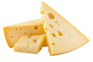 Cheese with holes in slices and wedge on transparent background. showcasing a classic dairy delicacy ideal for cuisine and culinary presentations. png