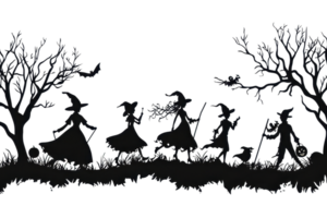 Silhouette of witches with children walking in nature, featuring trees with branches, capturing a magical night scene. png