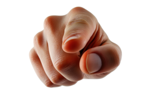 Close-up of a human hand pointing towards the viewer, isolated on a transparent background. Concept of direction, choice, or selection. png