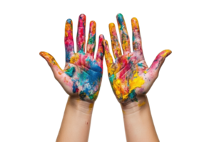 Messy hands covered in vibrant colorful paint on a transparent background. symbolizing creativity and artistic expression. png