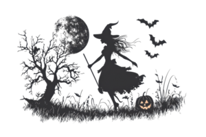 Silhouette of a witch flying on a broomstick against the full moon with bats, a tree, and a jack-o-lantern. Perfect for Halloween themes. png