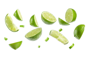 Fresh lime slices and wedges scattered on a transparent background. perfect for food and beverage themes in a vibrant, zesty stock photo. png