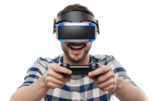 Excited man using virtual reality headset and playing game with a game controller. Immersive VR gaming experience. png
