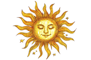 Hand-drawn illustration of a radiant sun with a smiling face, detailed sun rays, and small stars. Perfect for designs and backgrounds. png