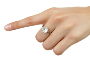 Close-up of a hand with an elegant engagement ring, pointing with the index finger against a transparent background. png