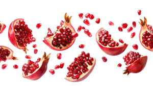 Freshly cut pomegranate halves and scattered seeds on transparent background. Vibrant red fruit, healthy and nutritious, perfect for food and beverage projects. png