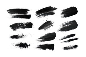 Set of twelve black brush stroke textures on a transparent background. Perfect for design elements, overlays, and graphic projects. png
