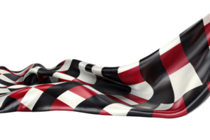 Close-up of a waving black, white, and red checkered flag on a transparent background. representing racing and competition concepts. png