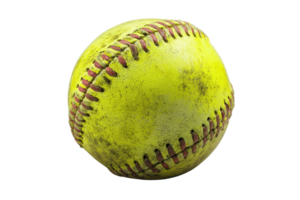 Close-up of a well-used, dirty yellow softball with red stitching. Ideal for sports, athletics, and softball-related content. png