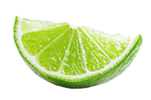 Close-up of a vibrant green lime wedge, isolated on a transparent background. Perfect for culinary, cocktail, and freshness-themed images. png