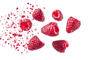 Fresh, vibrant raspberries and refreshing berry particles spread on a transparent background. perfect for food and health concepts. png