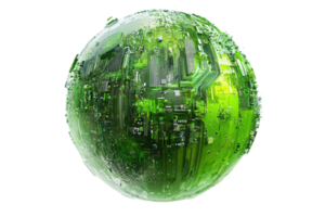 A digital rendering of a futuristic green sphere with circuit-like patterns, symbolizing technology and innovation. png
