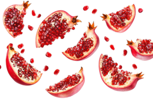 Sliced juicy pomegranates with scattered seeds on a transparent background. Fresh and healthy fruit rich in antioxidants and vitamins. png