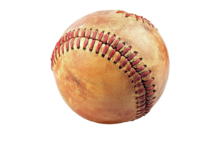 Close-up of an old, worn-out baseball with detailed stitching and signs of use, isolated on a transparent background png