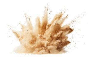 Dynamic sand explosion captured in high-speed photography, creating a striking visual of energy and movement against a transparent background. png