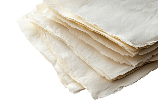 un' avvicinamento Immagine di un' pila di fatto a mano carta lenzuola con ruvido bordi, in mostra struttura e artigianato nel neutro toni. png