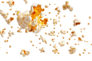 A dynamic image of popcorn kernels bursting open, capturing the essence of movie snacks and delicious treats in motion. png