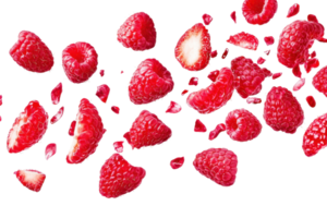 Scattered fresh raspberries isolated on a transparent background. showcasing vibrant red color and juicy texture in a high-quality stock photo. png