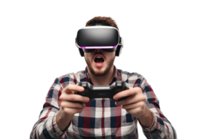 Man enjoying virtual reality game with VR headset and controller, expressing excitement and engagement. Isolated on a transparent background. png
