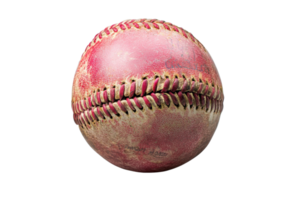 Close-up of a worn, red baseball isolated on a transparent background. Perfect for sports and baseball-themed designs and projects. png