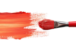 Close-up of a red paintbrush making a broad stroke with vibrant red-orange paint, showcasing artistic creativity and color blending. png