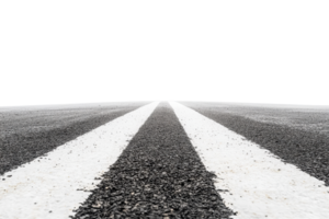 Close-up view of an empty asphalt road with white marking lines, depicting an endless perspective under clear sky. png