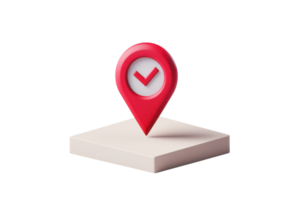3D render of a red location pin with a check mark on a white platform, symbolizing confirmation, navigation, and destination. png