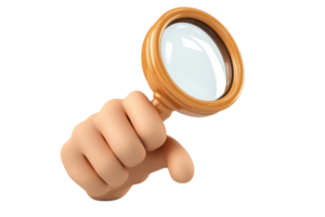 3D render of a hand holding a magnifying glass. Concept symbolizing search, investigation, and exploration. High detail and vibrant colors. png